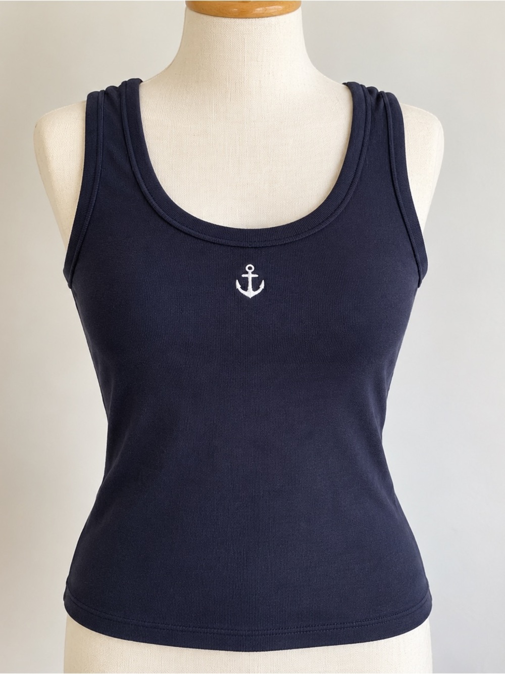 SSYS Bra Tank Top Anchor Large Navy White Coastal Nautical Ribbed Knit